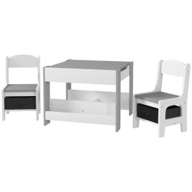Kids Play Table Set 3PC with Reversible Top, Chalkboard, Storage, Bookshelf, Gray, Educational