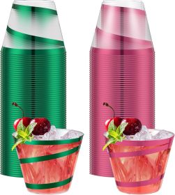 Rimmed Swirl Plastic Cups Disposable Wine Drinking Cups Clear Elegant Tumblers for Christmas Party Supplies(Pink, Green,50 Pcs)